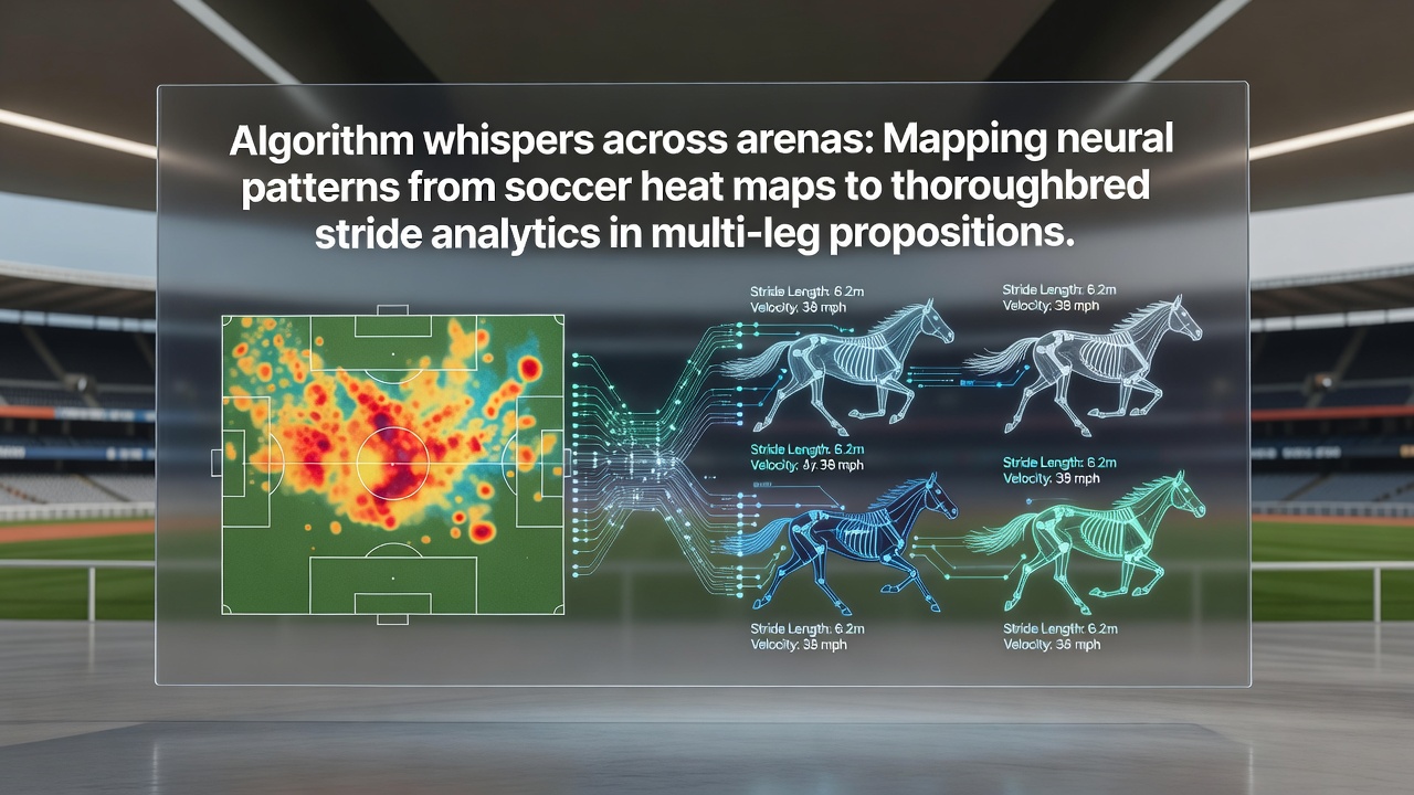 Neural network visualization overlaying soccer heat maps with thoroughbred stride data patterns