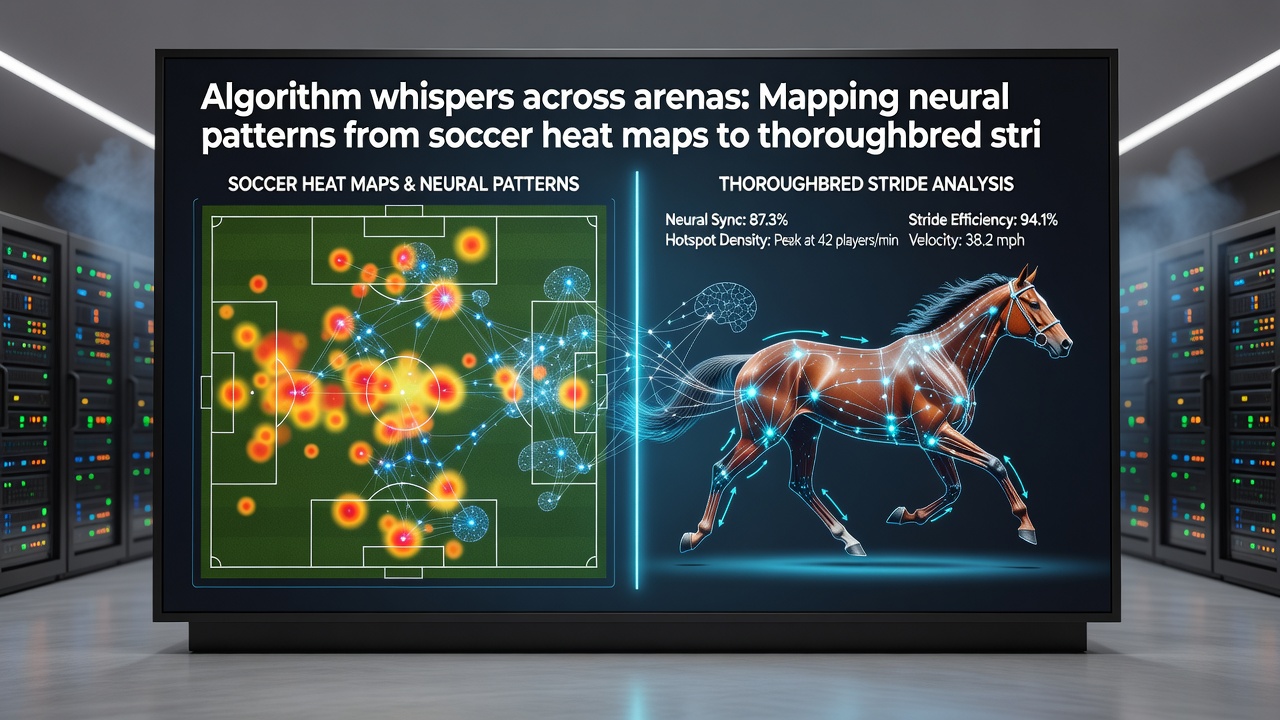 Side-by-side comparison of algorithm-processed soccer player movement vectors and thoroughbred stride cycle graphs