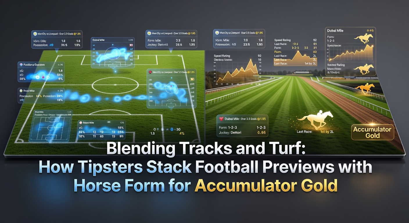 Tipsters analyzing football matches and horse racing forms side by side on a desk with betting slips