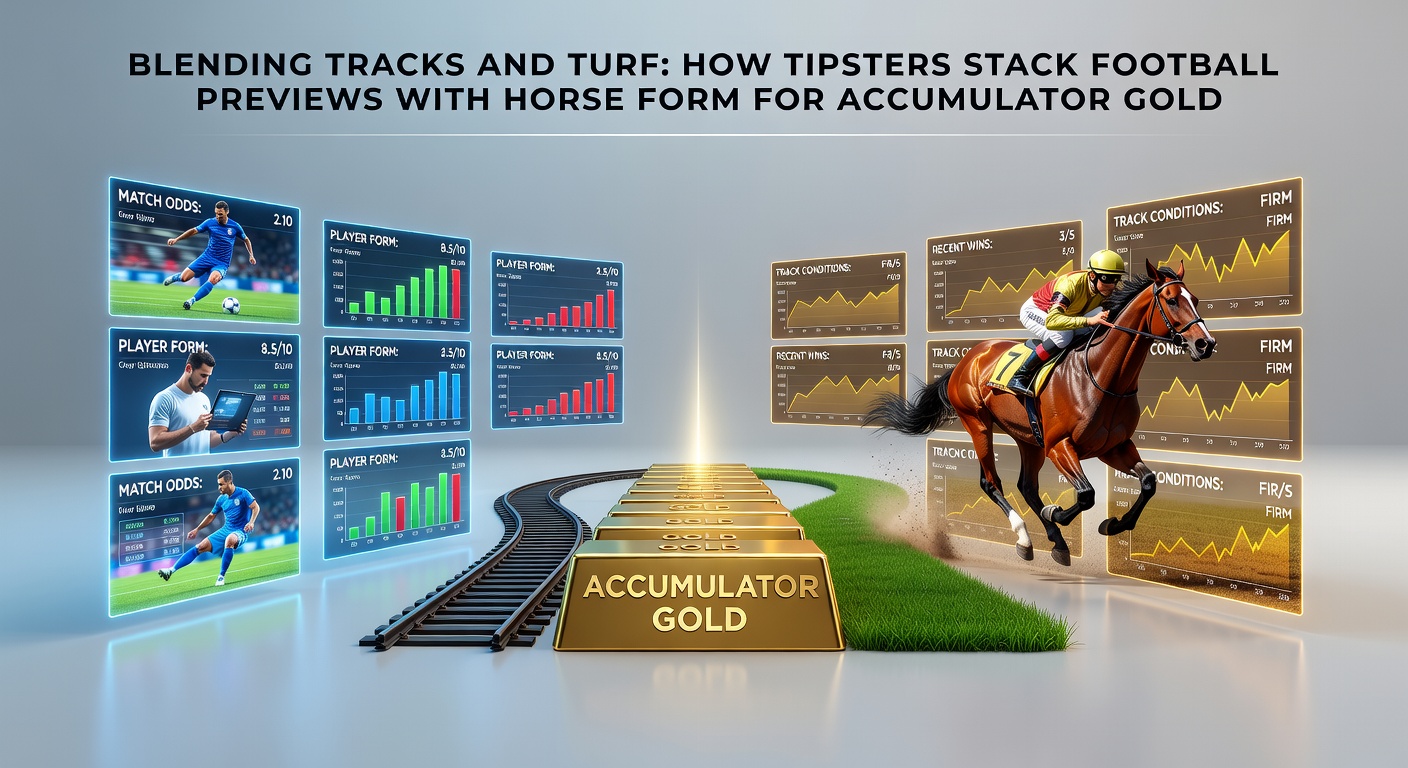 A digital dashboard displaying blended football stats and horse racing form charts for accumulator building