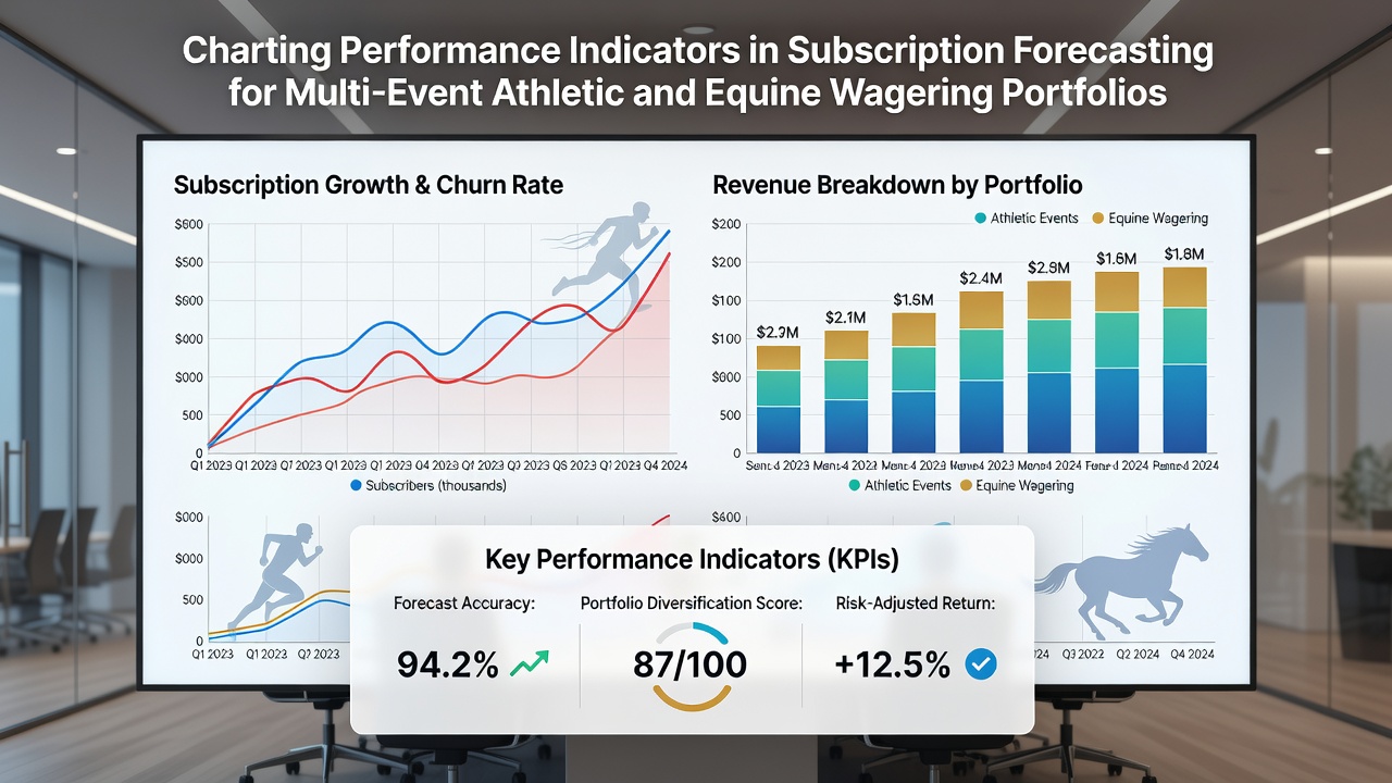 Dashboard displaying performance indicators for athletic and equine wagering subscriptions with charts tracking win rates and ROI metrics