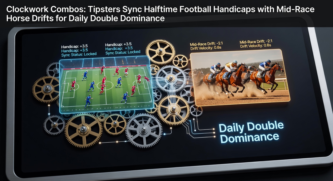 Tipster analyzing halftime football stats alongside live horse racing odds drifts on dual screens