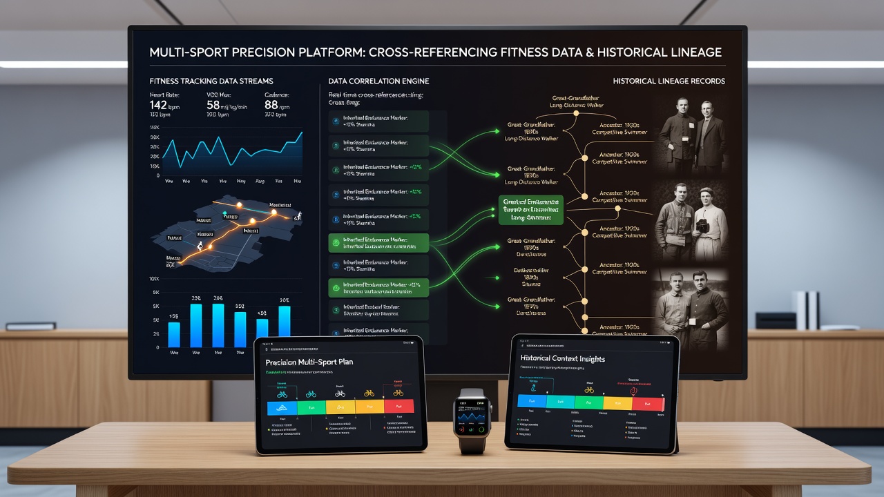 Data visualization dashboard displaying overlaid fitness metrics and pedigree charts for football and horse racing selections