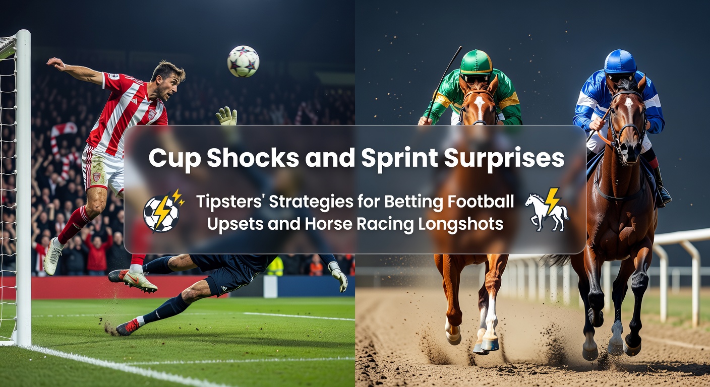 Tipster reviewing football cup match footage alongside horse sprint race charts, highlighting upset potential in odds boards