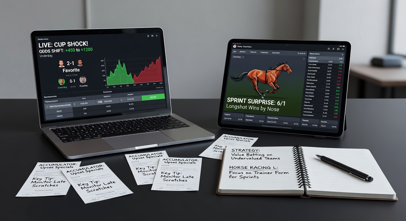 Close-up of a tipster's screen displaying overlaid charts of football upset probabilities and horse sprint speed ratings, with highlighted longshot picks