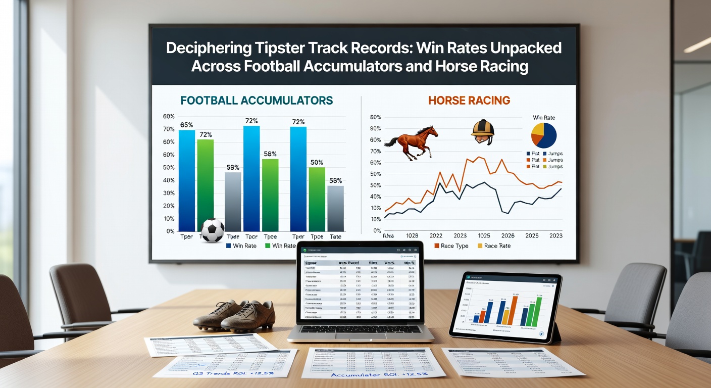 Close-up of a horse racing results sheet beside a football accumulator slip, illustrating win rate disparities with highlighted stats