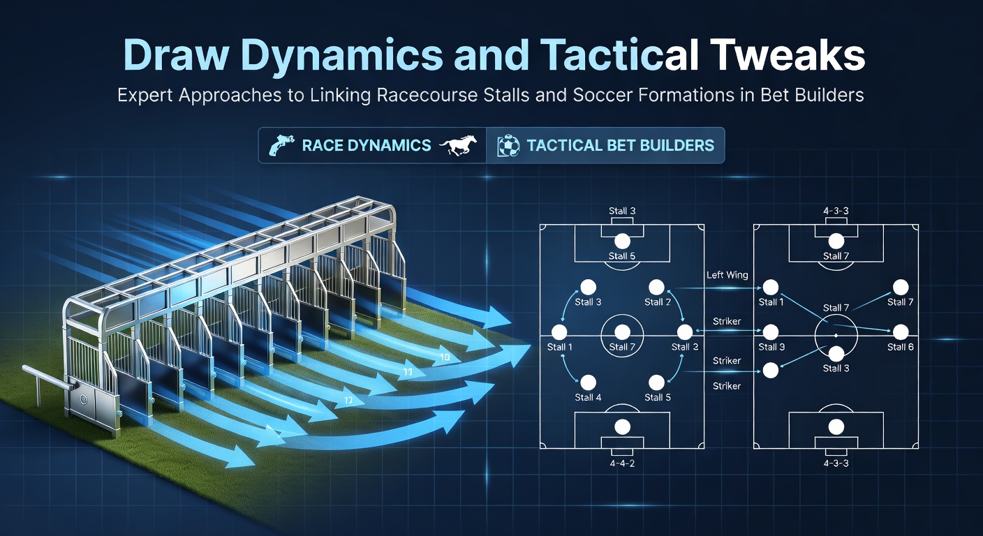 Horse racing stalls at the start line juxtaposed with a soccer team's formation diagram, illustrating bet builder connections