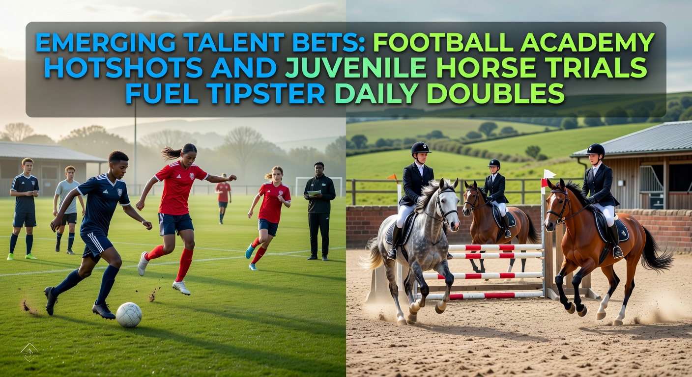 Young football academy player celebrating a goal alongside a juvenile horse speeding through a trial gallop, capturing the thrill of emerging talents in betting markets