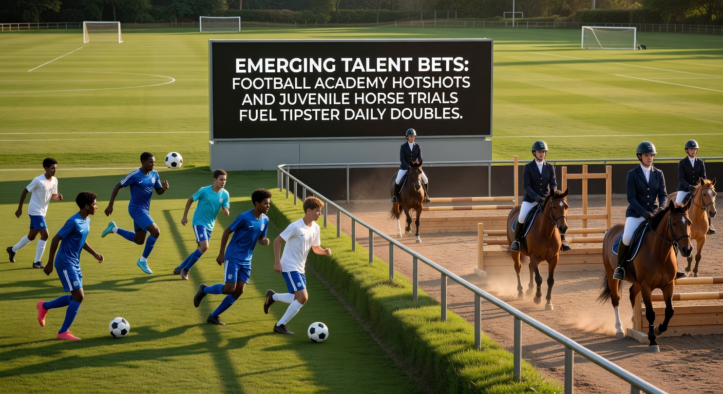 Close-up of a tipster reviewing academy match stats on a tablet next to a juvenile horse trial results sheet, highlighting the analytical fusion for daily double bets