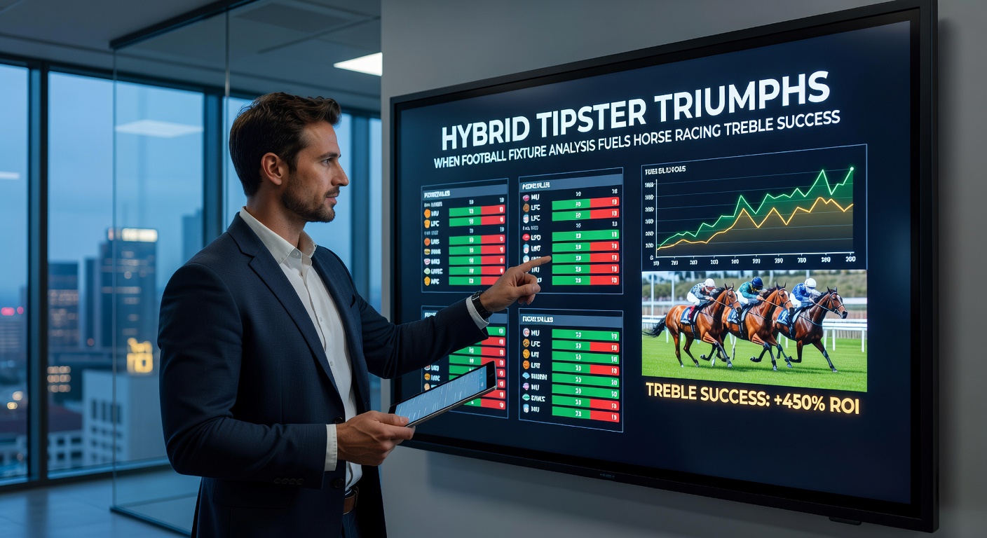 A tipster poring over football fixture charts alongside horse racing form guides, highlighting crossover analytical strategies