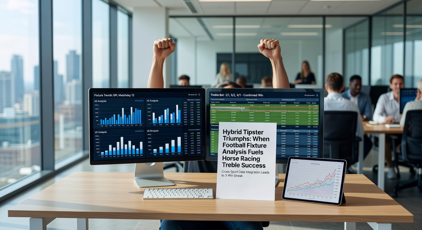 Dynamic split-screen view of a football match analysis board next to a horse racing betting slip celebrating a treble win