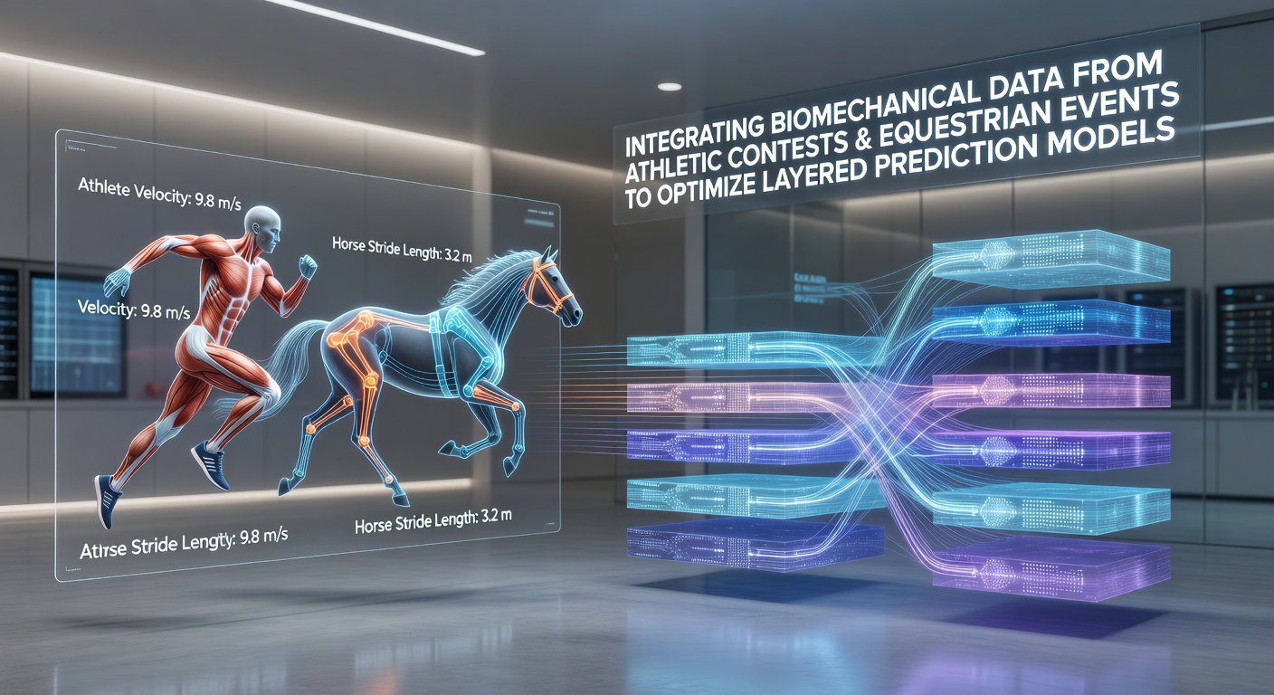 Athletes and equestrians performing with overlaid biomechanical sensors and data visualization charts