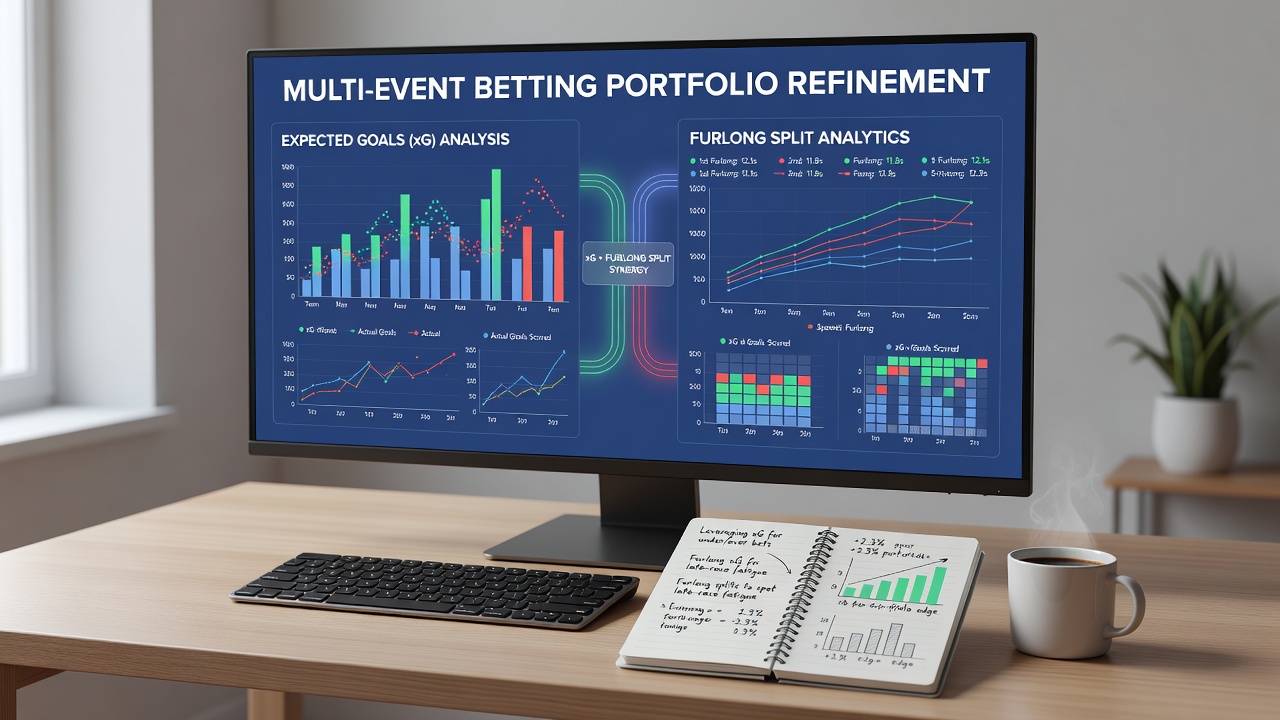 Infographic illustrating multi-event betting portfolio balancing football expected goals data with horse racing sectional timing analysis