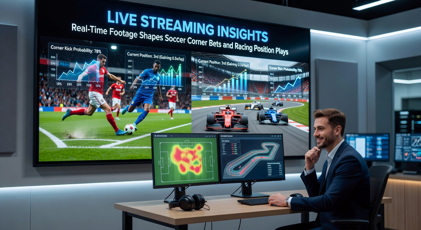 Live stream screenshot showing a soccer match with corner kick action and overlaid betting odds for corners