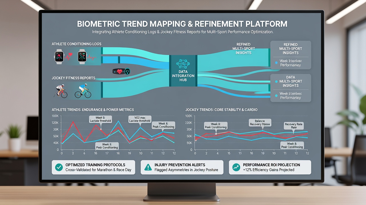 Dashboard displaying mapped biometric trends comparing athlete conditioning data with jockey fitness indicators