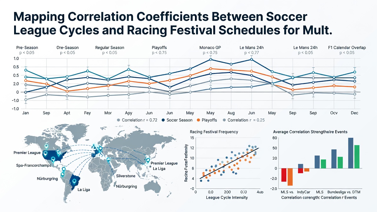 Analytical dashboard displaying coefficient heatmaps and schedule overlap timelines for soccer and racing events
