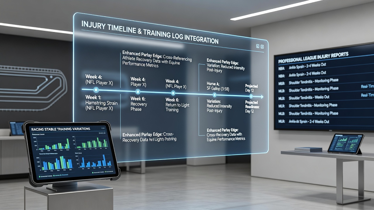 Visualization of injury timeline data overlaid with horse training log variations across professional leagues and racing stables