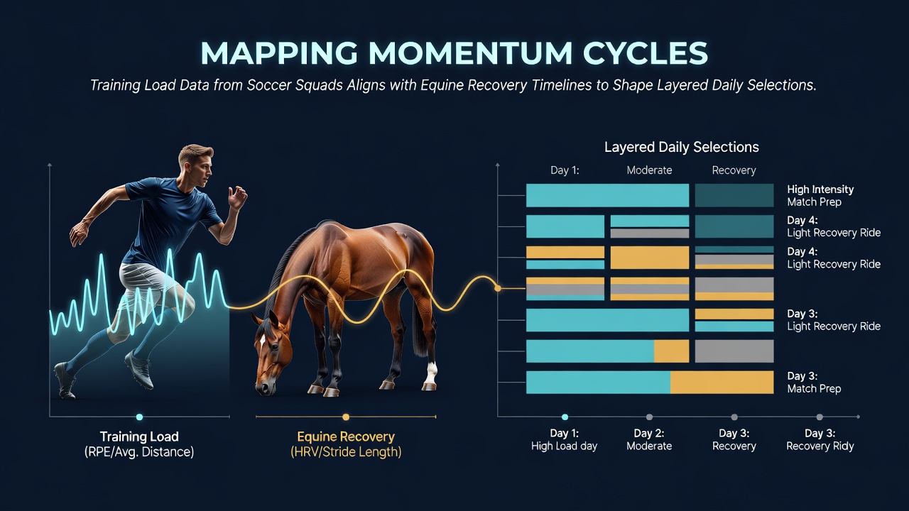 Training load monitors and equine recovery charts side by side showing data alignment patterns