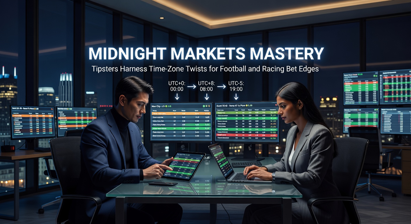 Tipster analyzing late-night betting markets on multiple screens showing football matches and horse races across global time zones