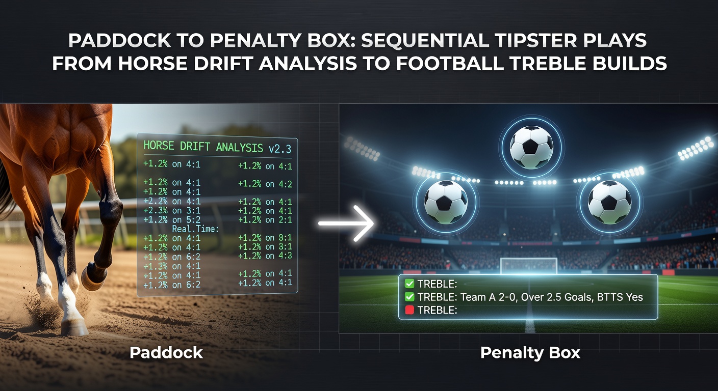 Tipster reviewing horse racing paddock notes alongside drifting odds charts, transitioning to football match previews for treble accumulators