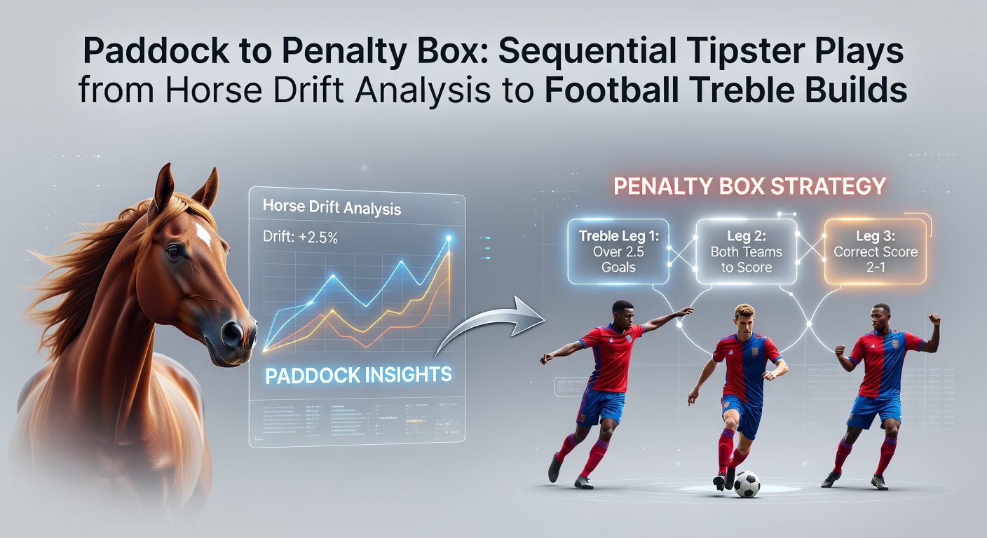 Dynamic split-view of a drifting horse race market screen next to a football treble accumulator slip, illustrating sequential tipster workflow