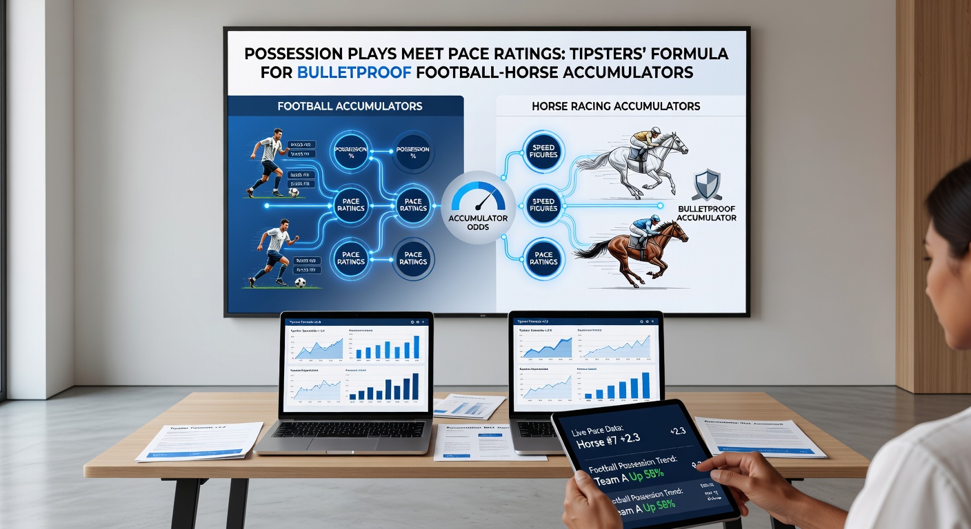 Tipster reviewing football possession charts alongside horse racing pace figures on a dual-screen setup