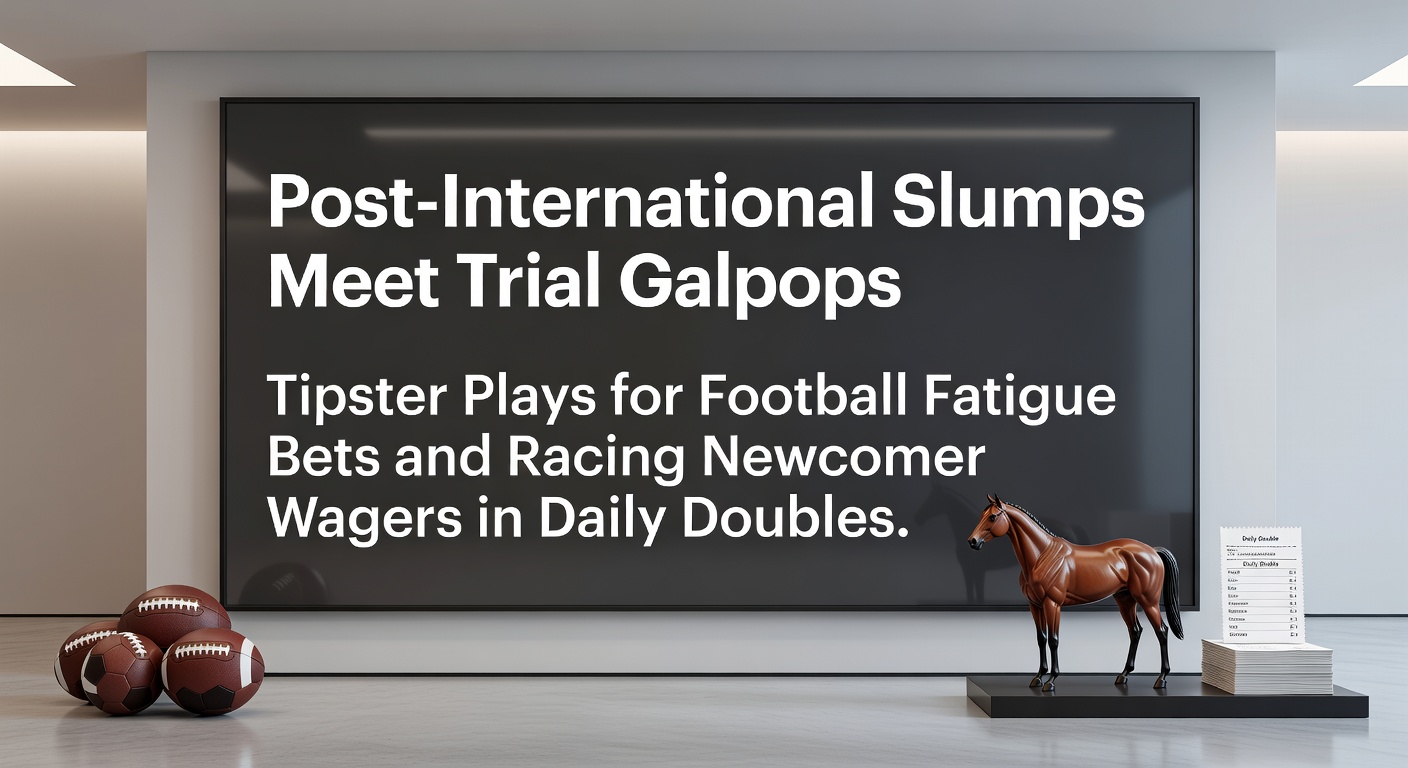 Tipster analyzing football lineups post-internationals alongside horse trial gallop footage on dual screens