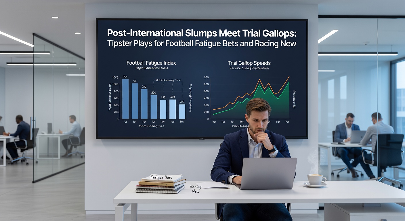 Close-up of a promising trial gallop horse charging past the post with jockey urging it on, overlaid with football match stats showing post-break fatigue