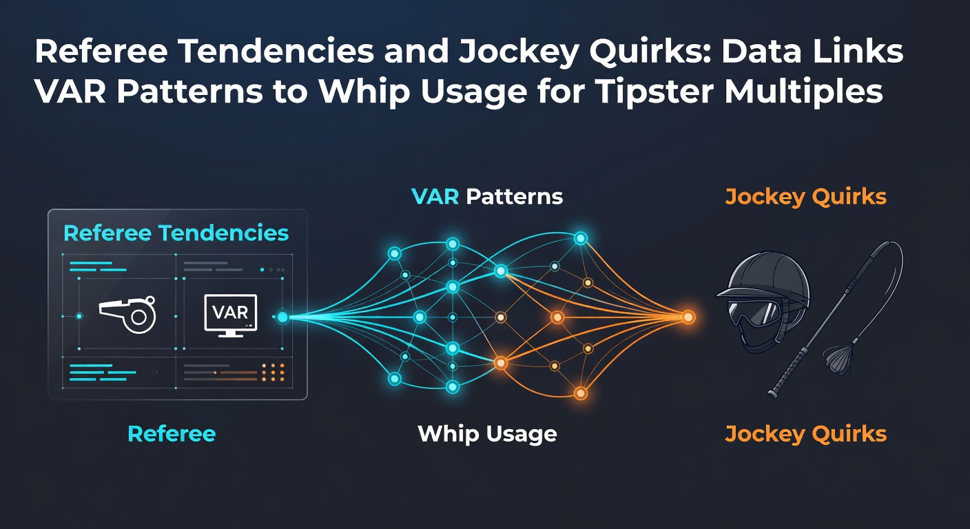 Data visualization overlaying football referee VAR decisions with horse racing jockey whip strikes on a split-screen chart, highlighting correlation peaks in betting multiples