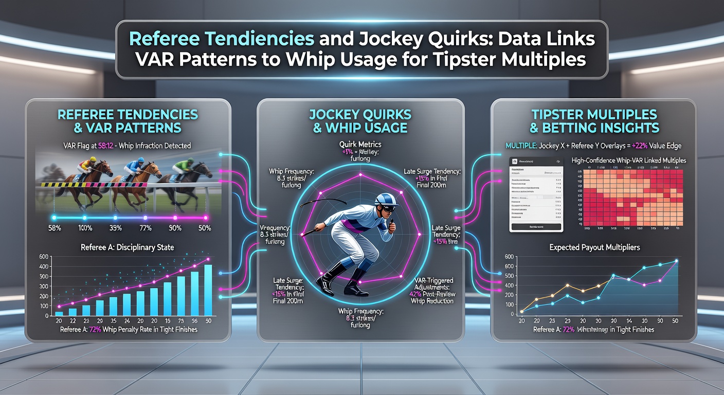 Close-up split image of a football referee consulting VAR screen beside a jockey mid-whip strike on a galloping horse, with overlaid graphs showing usage frequency spikes