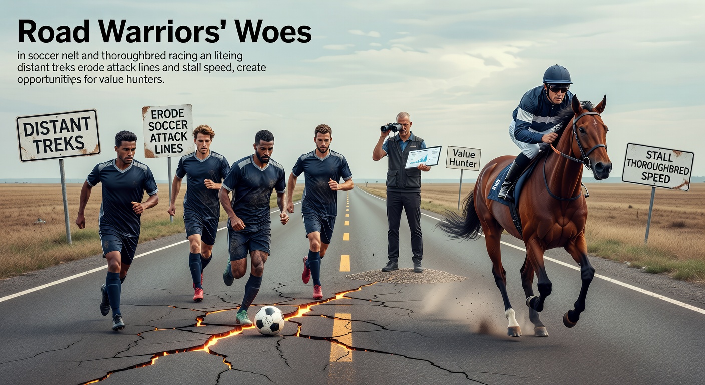 A weary soccer team disembarks from a long-haul flight, mirroring the fatigue seen in road games, while in the background, thoroughbred horses load into trailers for cross-country hauls