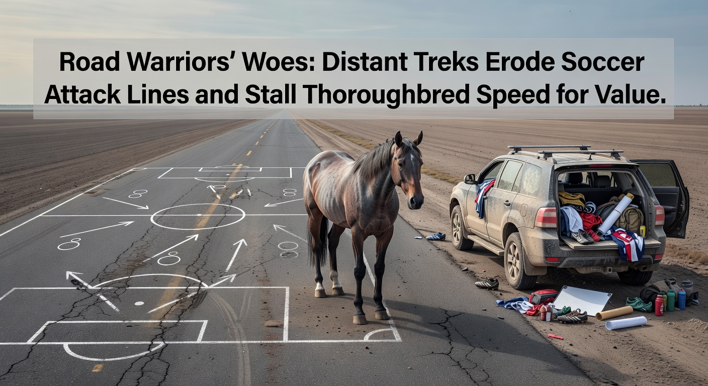 Thoroughbred horse being unloaded from a long-distance trailer at a racetrack, sweat lathered and eyes weary, highlighting the physical toll of travel on equine speed demons