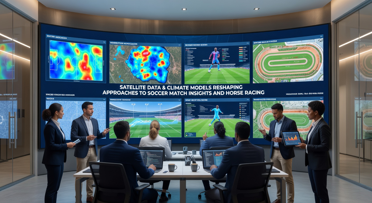 Horse racing track under satellite monitoring with climate data overlays indicating soil moisture and wind direction