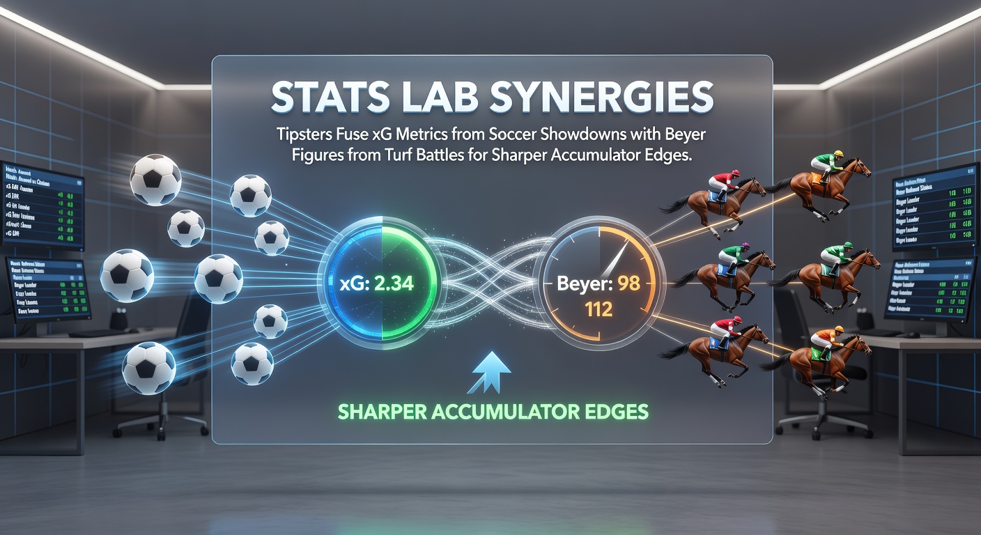 Graph overlay showing xG data from a Premier League match intersecting with Beyer speed figures from a horse race chart, highlighting synergy points for accumulator bets