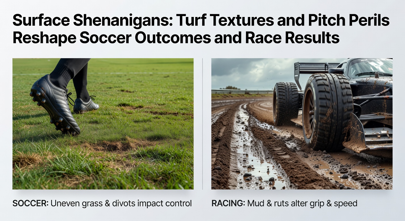 A close-up view of a soccer pitch showing uneven turf patches under rainy conditions, with water pooling on the surface alongside a horse racing track with soft, churned mud visible in the foreground