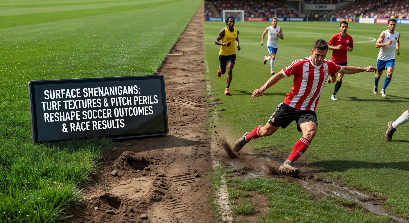 Split-image of a horse galloping through deep, clinging mud on a racecourse next to soccer players sliding on a slick, rain-soaked pitch during a match