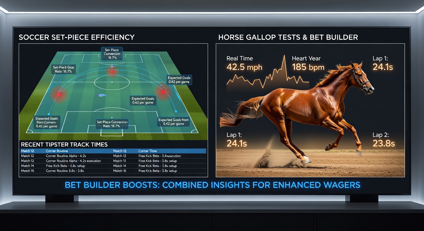 Soccer players executing a set-piece corner kick overlaid with a horse galloping on a training track, illustrating the blend of football tactics and racing data used by tipsters for bet builders