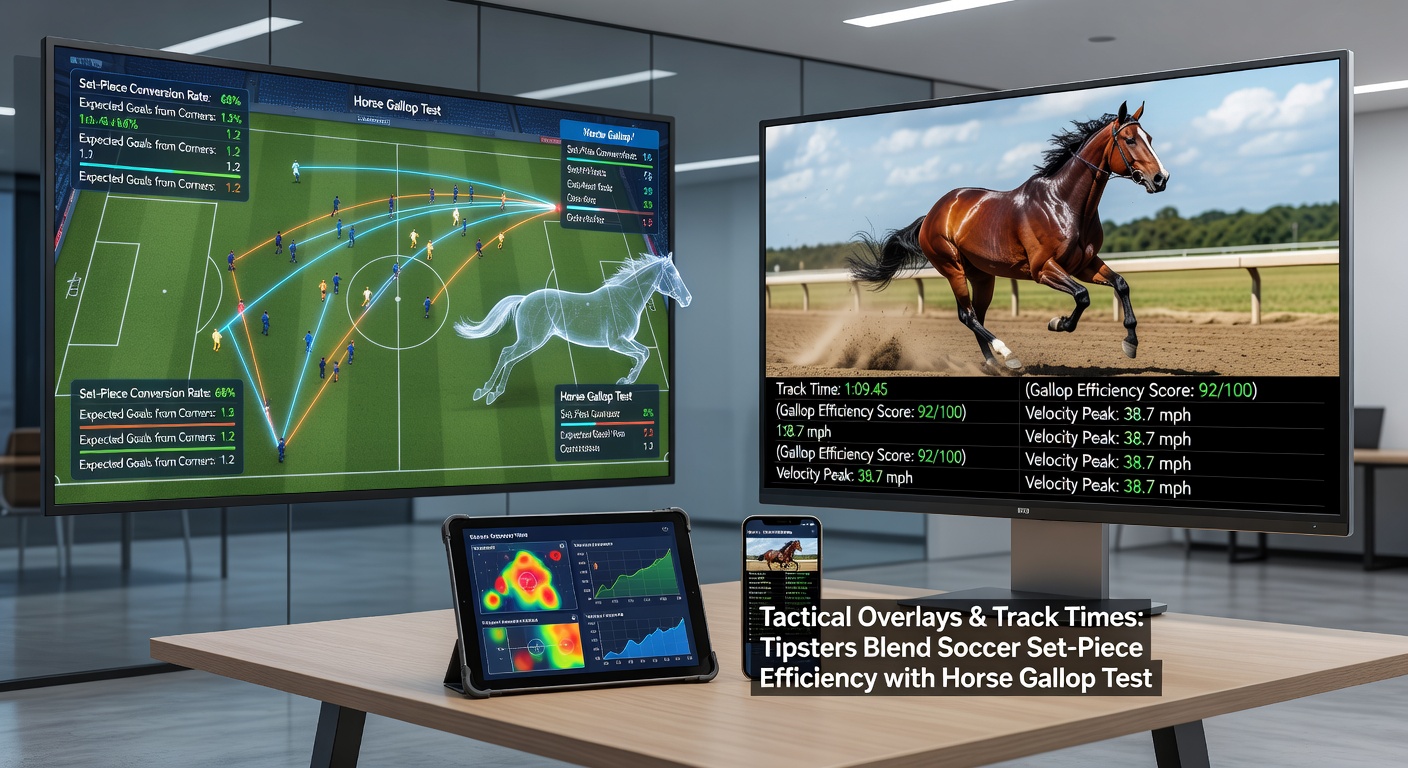A horse undergoing a gallop test on a training track with speed timing equipment, next to a soccer tactical board showing set-piece setups, symbolizing tipsters' data crossover