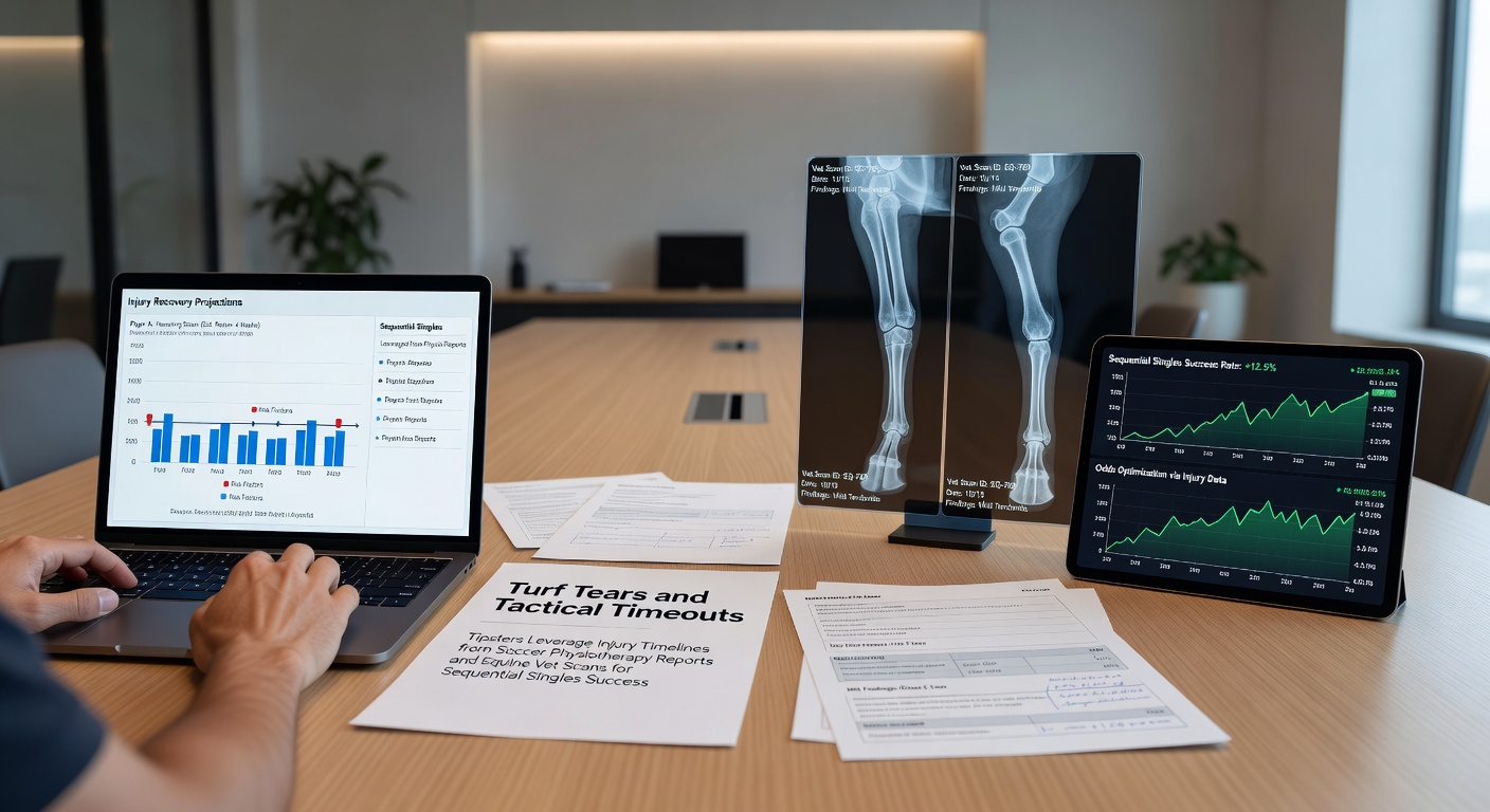 A horse undergoing veterinary ultrasound scan on turf track alongside a soccer player in physiotherapy session reviewing injury timeline charts