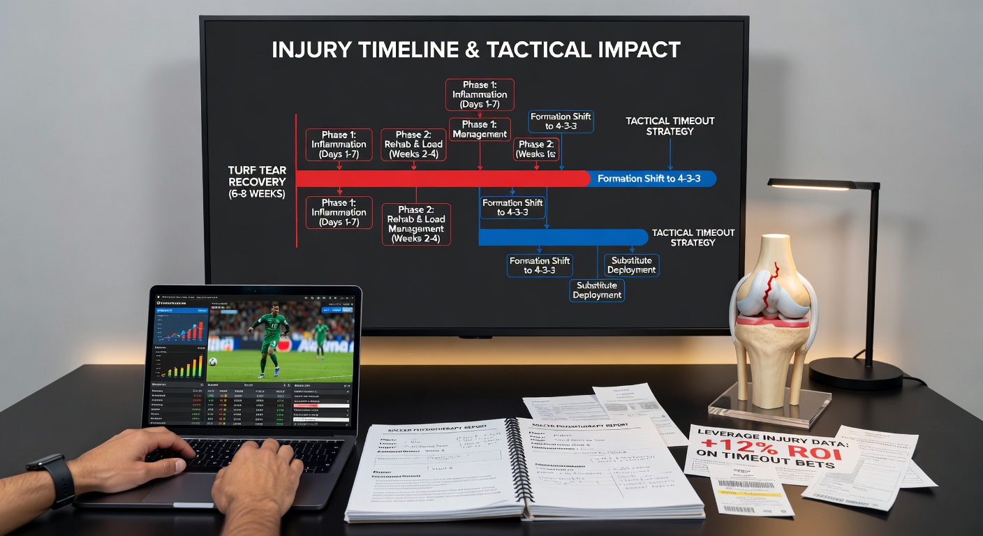 Soccer physiotherapist analyzing player injury report timeline next to equine vet reviewing horse MRI scan on dual monitors