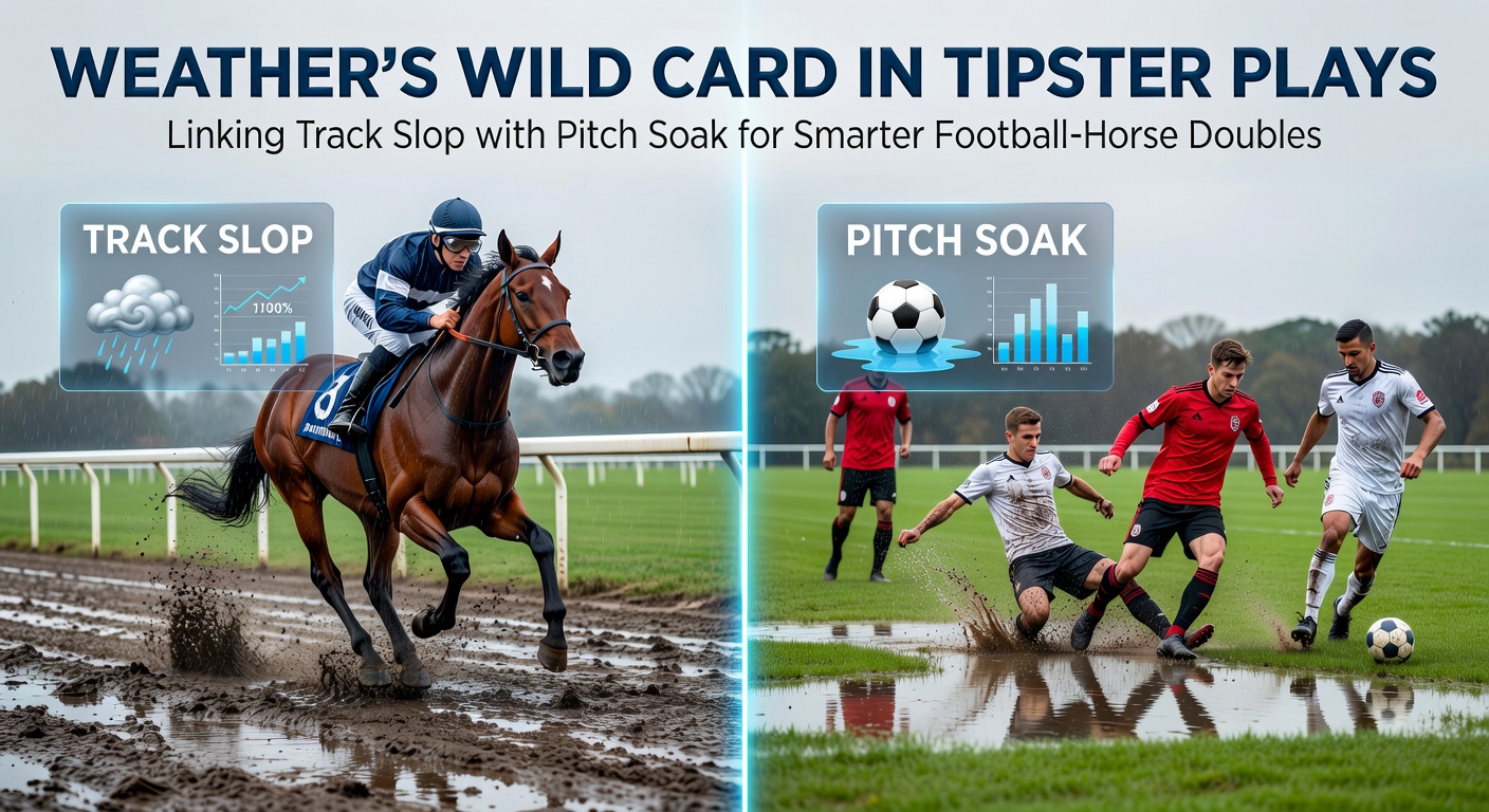 Muddy horse racing track under heavy rain, with water pooling and horses splashing through slop, mirroring waterlogged football pitches nearby