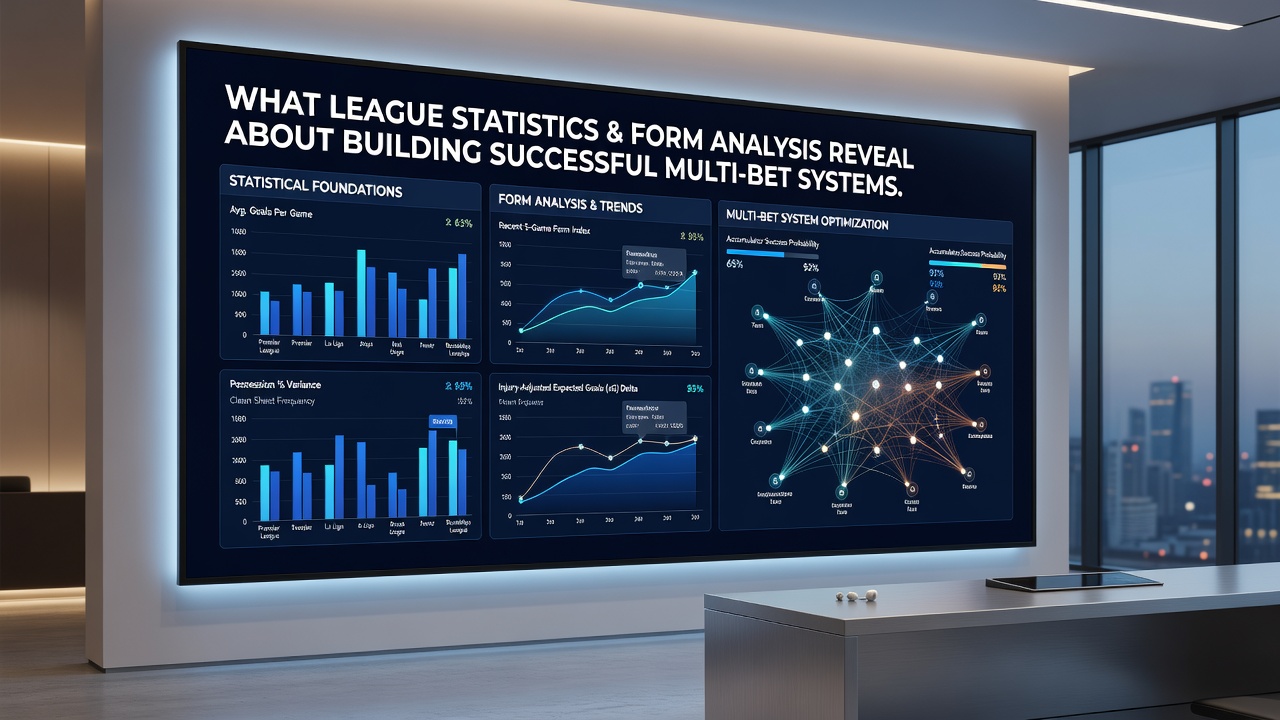 Sports analyst reviewing team form graphs and multi-bet accumulator calculations on dual monitors