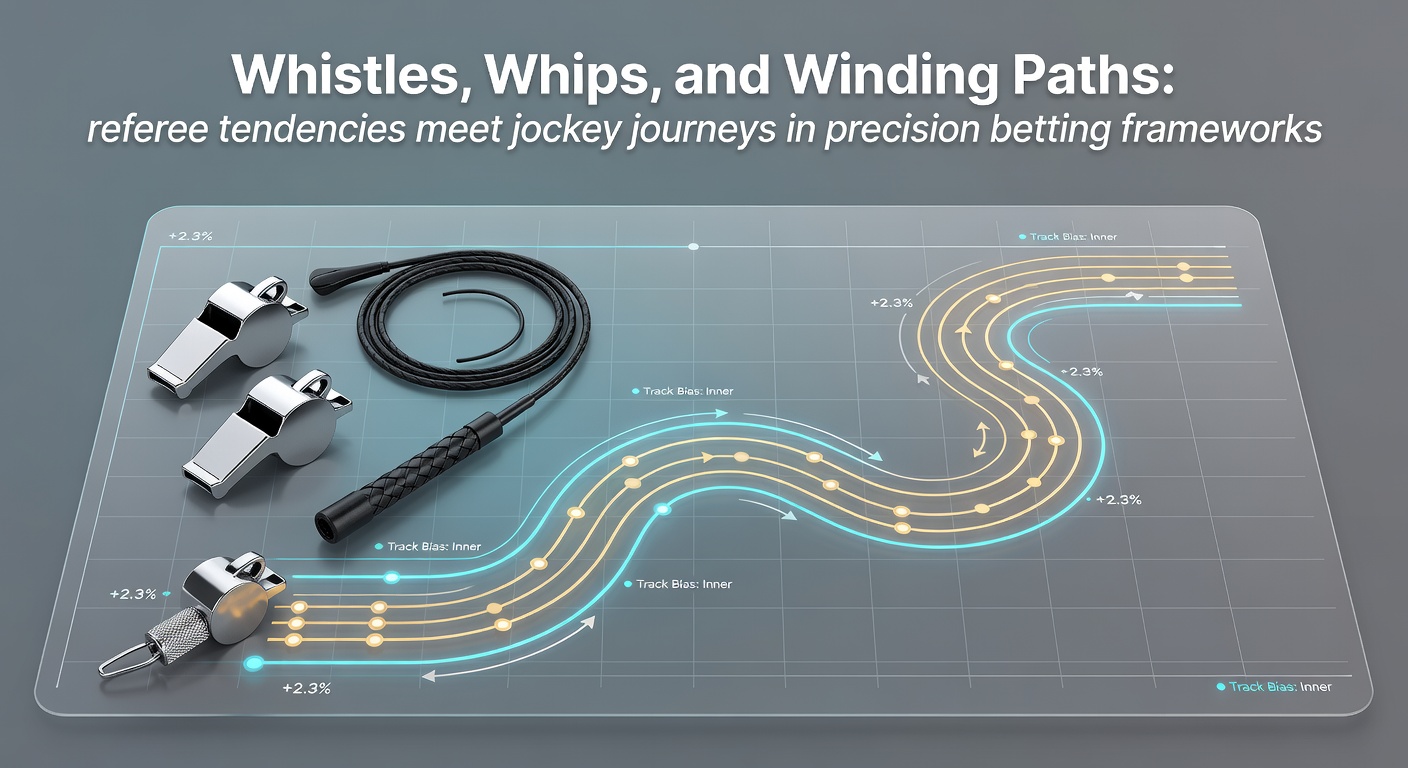 A referee signals during a tense football match while a jockey urges his horse forward on a winding track, illustrating the precision required in both sports for betting insights