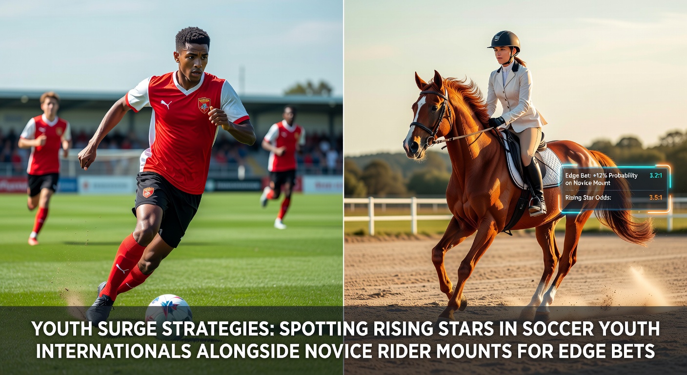 Young soccer players celebrating a goal during an international youth match, with a horse racing scene in the background highlighting a novice rider on a promising mount