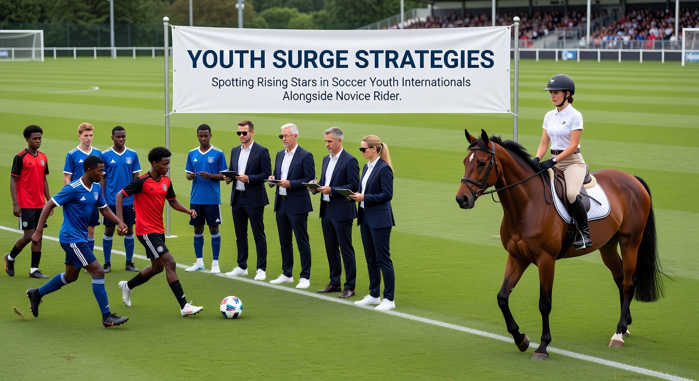 A novice jockey urging a young horse toward the finish line, juxtaposed with youth soccer analysts reviewing match footage on screens